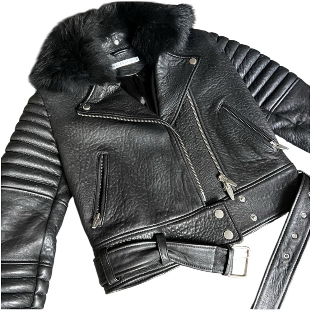 THE ARRIVALS Rainier Pebbled
Lamb Leather Jacket w/ Removable Fur Collar, XS - Picture 2 of 16